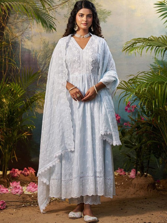 Indo Era Women Floral Embroidered Regular Thread Work Kurta Trousers With Dupatta Set