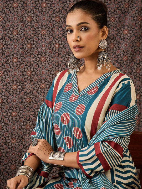 Indo Era Women Printed Regular Pure Cotton Kurta with Trousers & With Dupatta