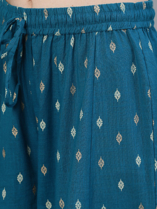Ishin Women Teal Blue Embroidered Kurta with Sharara & Dupatta