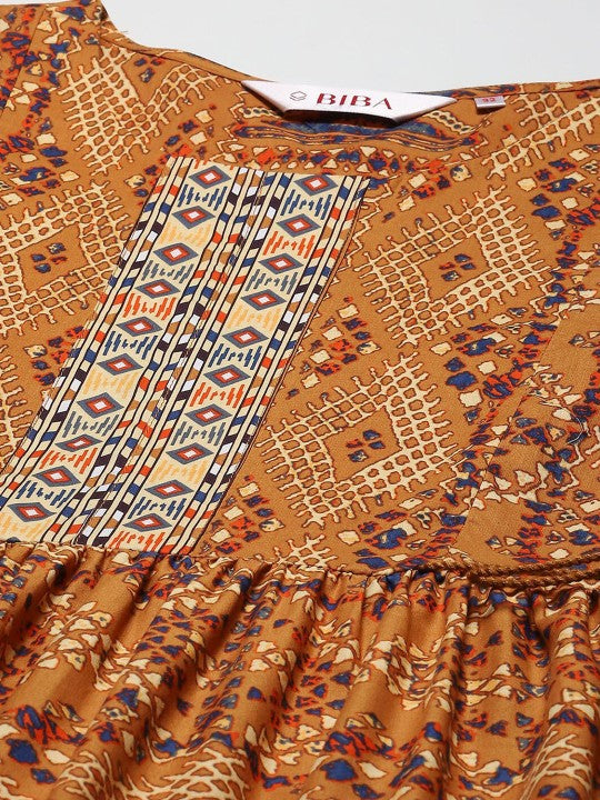 Biba Ethnic Motifs Printed Fit & Flare Tiered Cotton Ethnic Dress