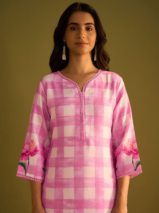 Indo Era Checked  V-Neck Linen Straight Kurta With Trousers & Dupatta