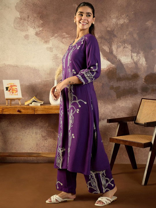 Indo Era Printed V-Neck Tunic With Trousers