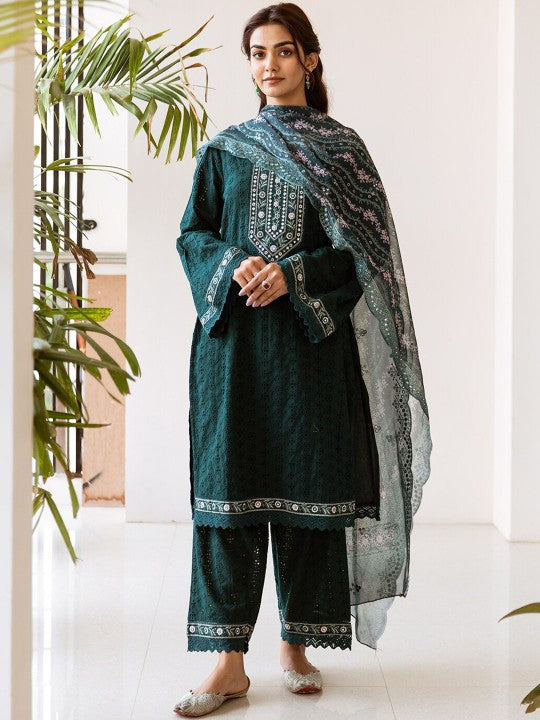 Ishin Embellished Yoke Cotton Schiffli Kurta with Lace Hemlined Pants & Art Silk Dupatta