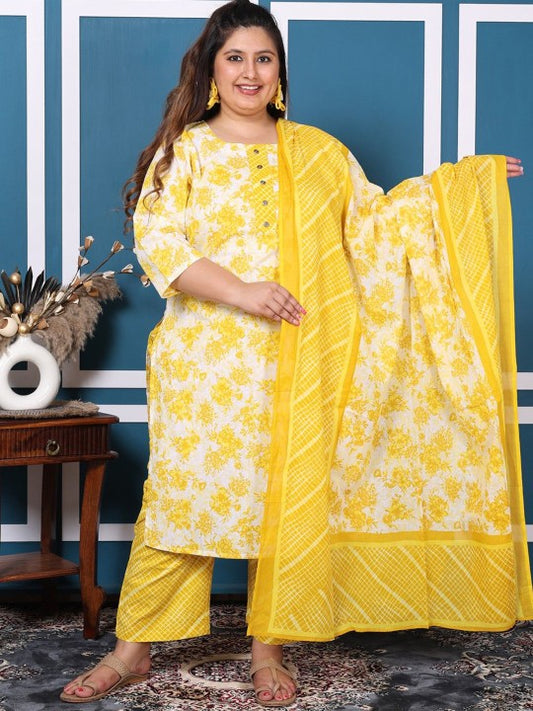 Swasti Plus Size Floral Printed Pure Cotton Straight Kurta with Palazzos & With Dupatta