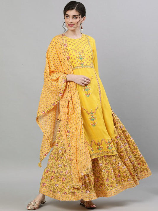 Ishin Women Yellow & Red Embroidered Kurta with Skirt & Dupatta