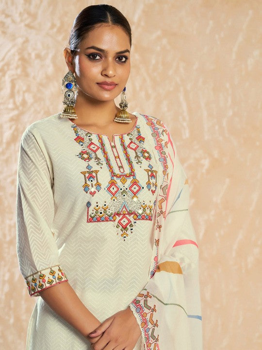 CHHAAP Women Floral Embroidered Mirror Work Pure Cotton Kurta with Trousers & Dupatta