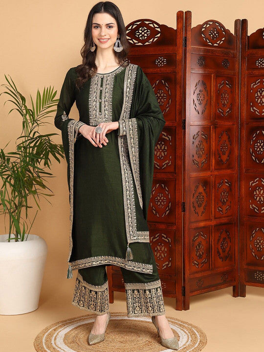 House of Pataudi Floral Embroidered Thread work Straight Kurta Trousers With Dupatta