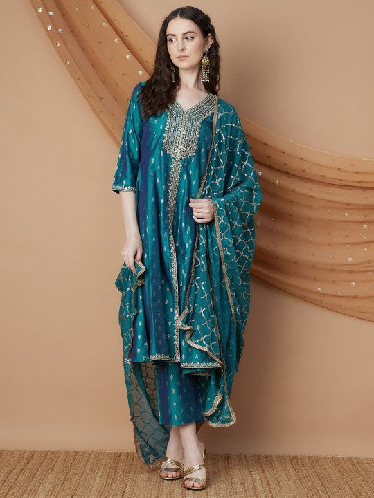 Floral Sequinned V-Neck A-Line Kurta