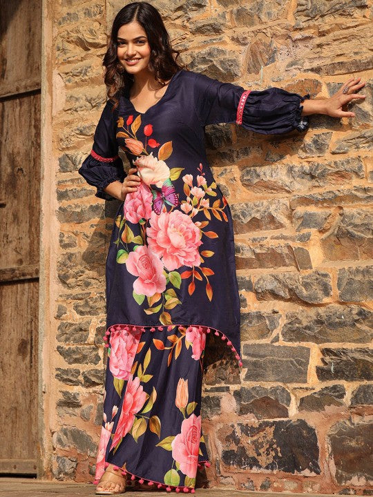 ASHEERA Printed V-Neck Pure Cotton Tunic & Palazzos