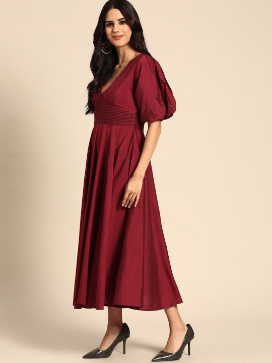 anayna Maroon Solid Puff Sleeves V Neck Embroidered Detail Midi Dress