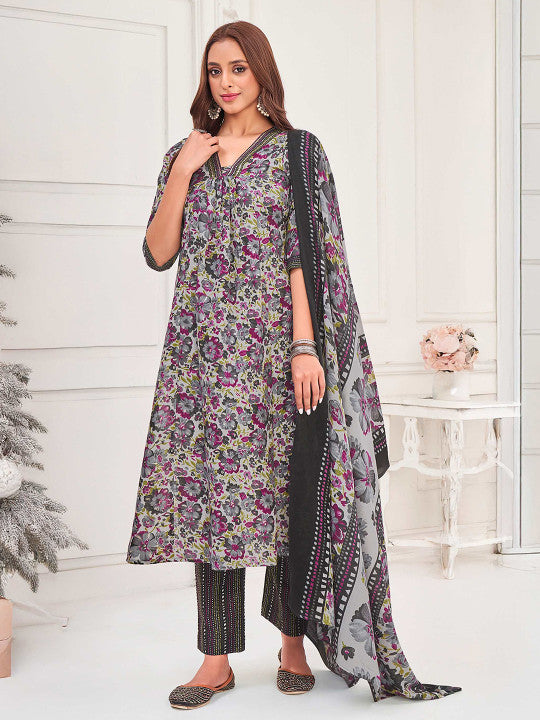 Floral Printed Sequinned V-Neck Straight Kurta With Trousers And Dupatta