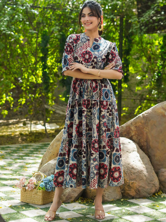 Floral Printed Pure Cotton Fit & Flare Midi Dress