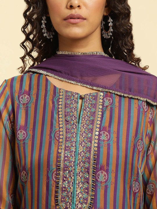 W Striped Sequined Kurta With Dupatta