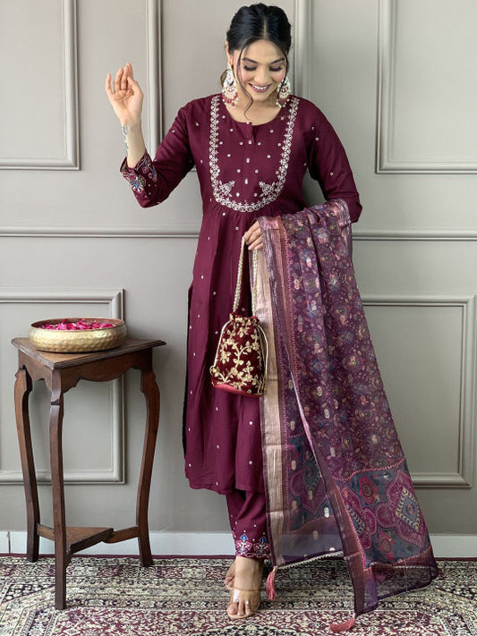 Ethnic Yard Floral Embroidered Pleated Sequinned Straight Kurta With Trouser & Dupatta