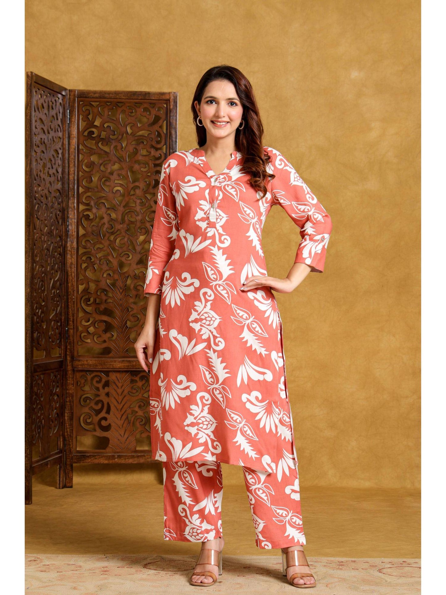 Womens Orange Rayon Printed Co-Ord Set