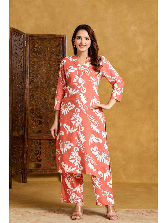 Womens Orange Rayon Printed Co-Ord Set