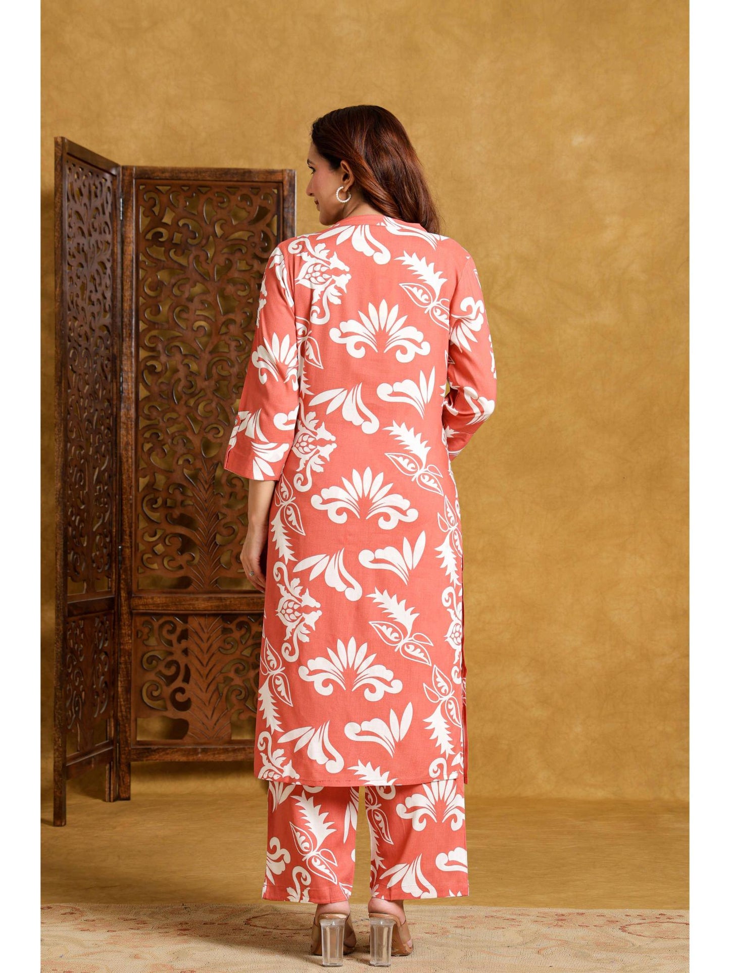 Womens Orange Rayon Printed Co-Ord Set