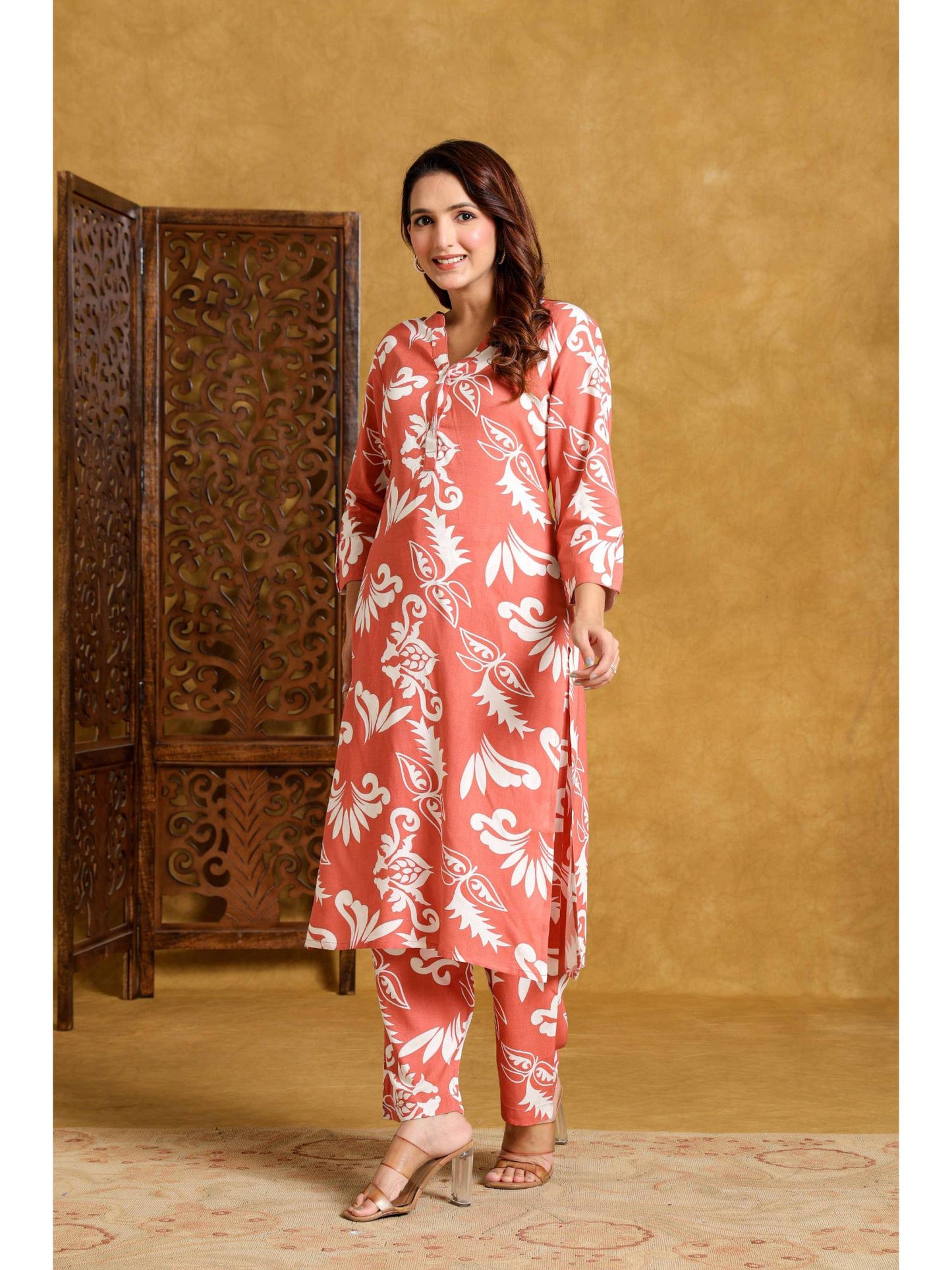 Womens Orange Rayon Printed Co-Ord Set