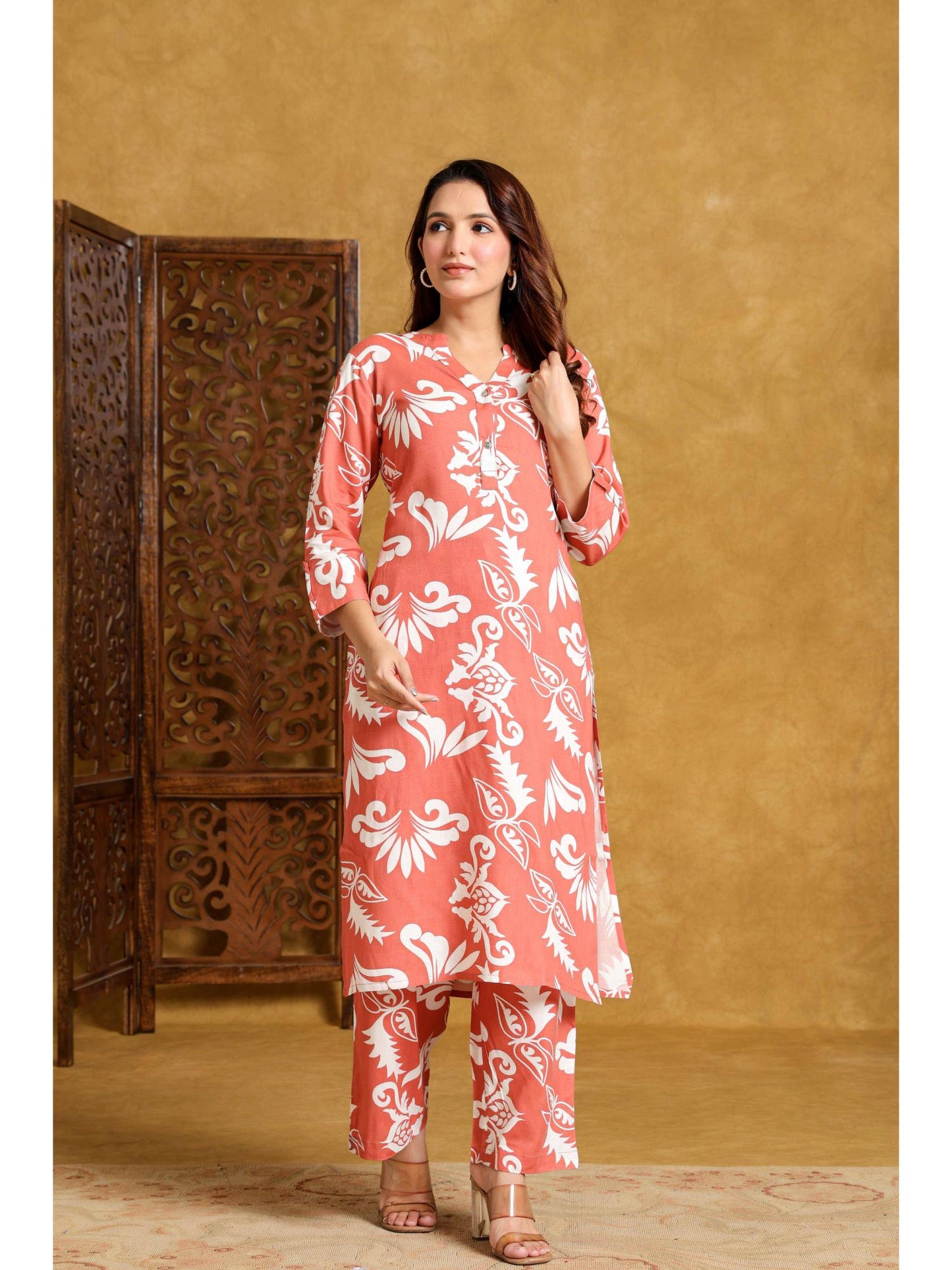Womens Orange Rayon Printed Co-Ord Set