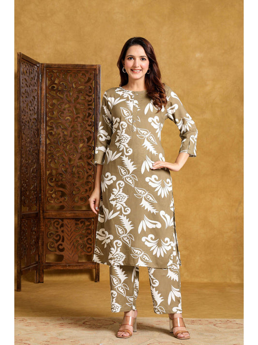 Womens Beige Rayon Printed Co-Ord Set