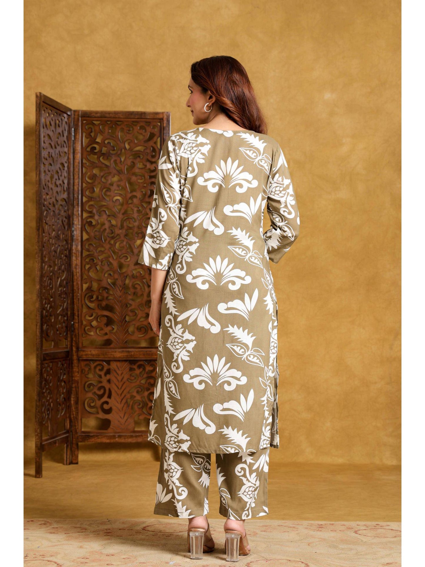Womens Beige Rayon Printed Co-Ord Set
