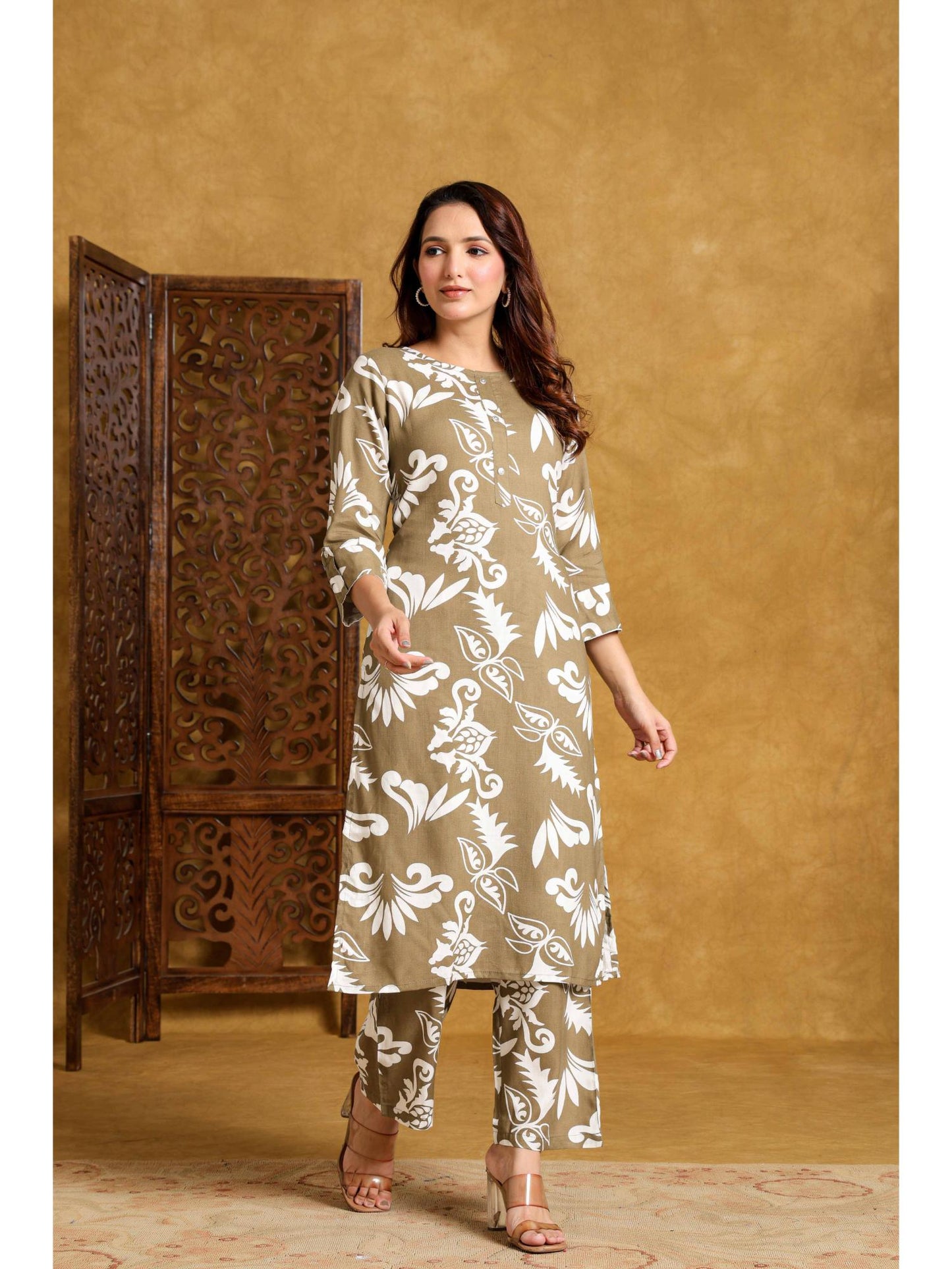 Womens Beige Rayon Printed Co-Ord Set