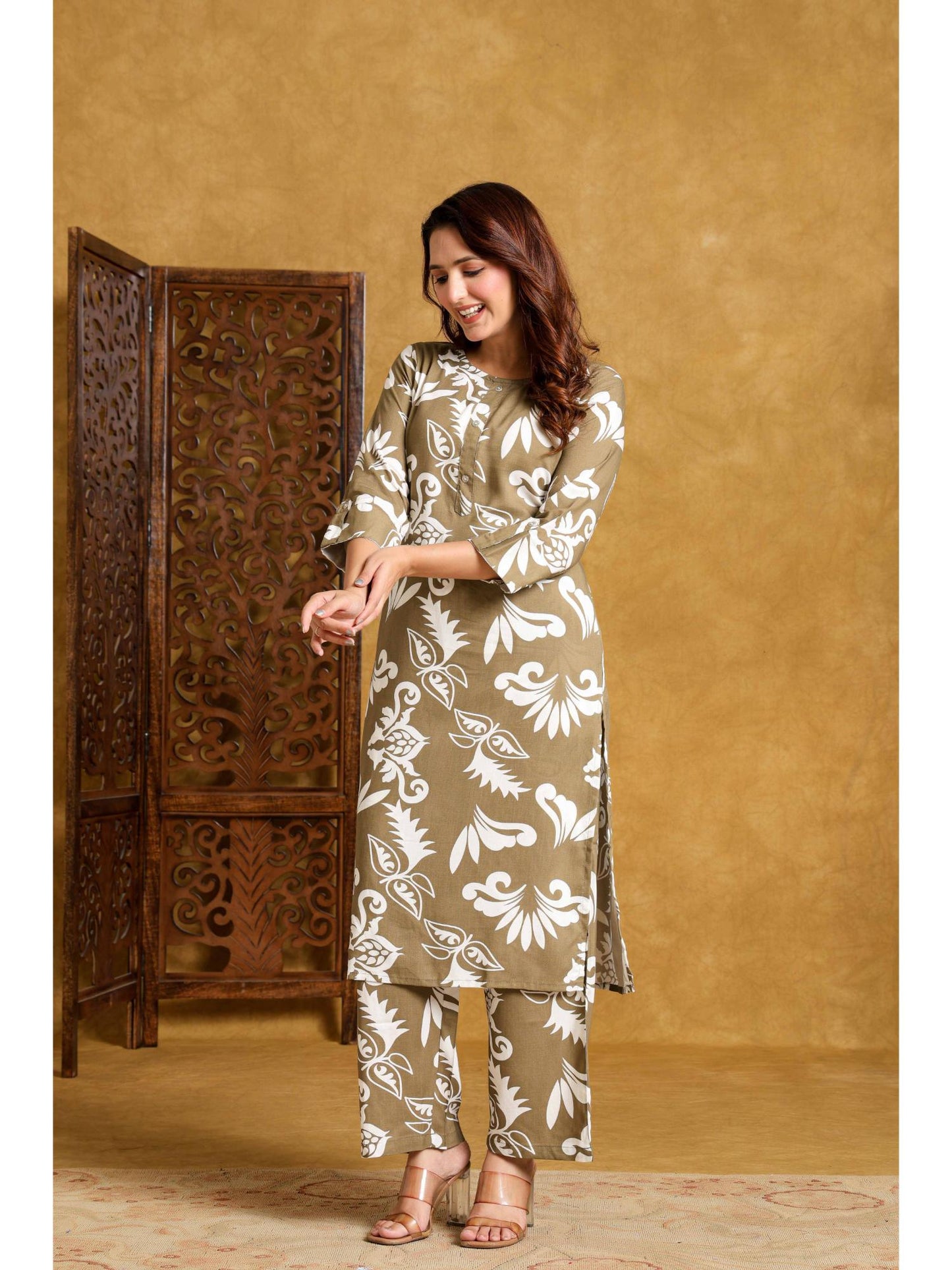 Womens Beige Rayon Printed Co-Ord Set