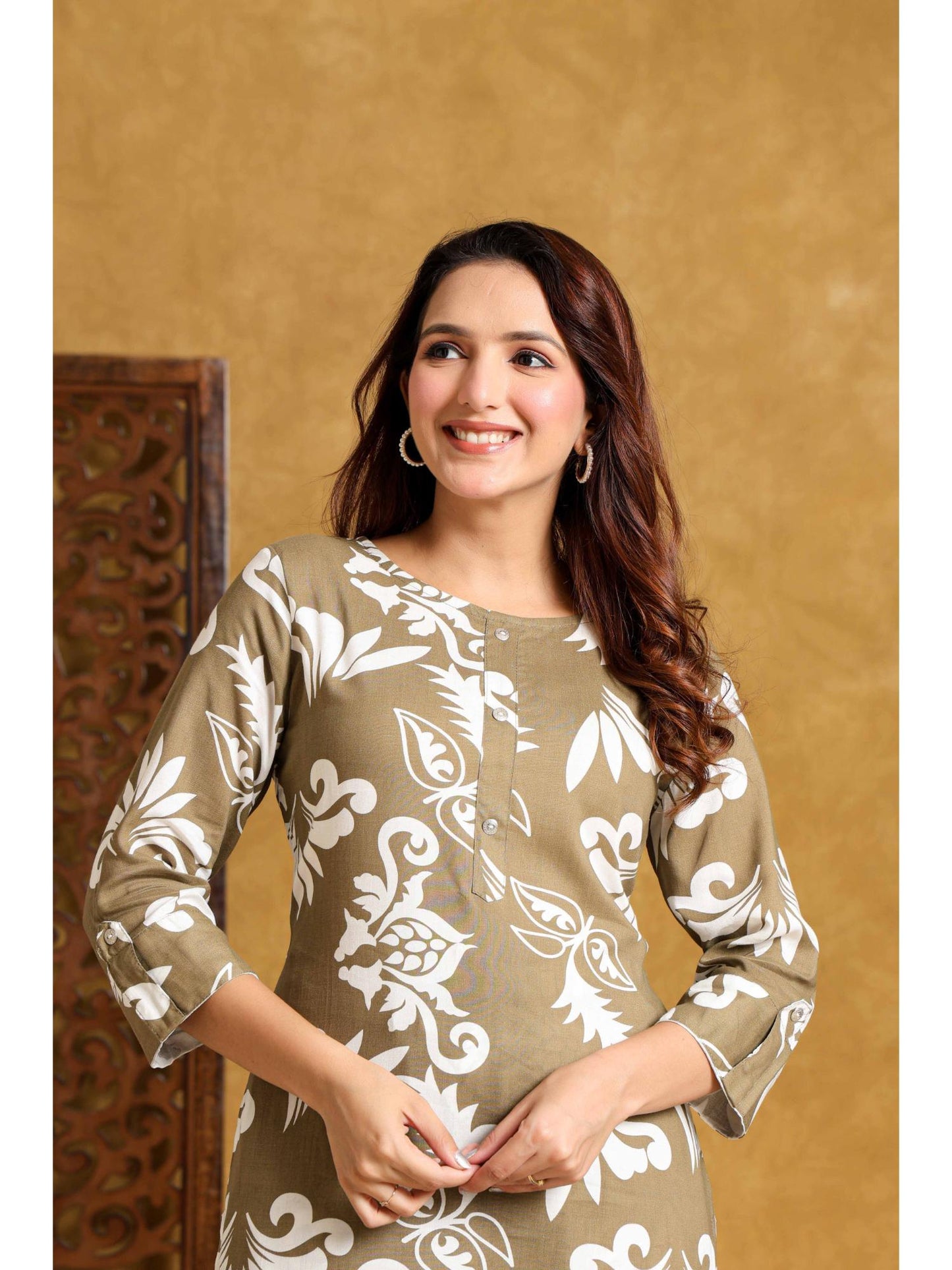 Womens Beige Rayon Printed Co-Ord Set