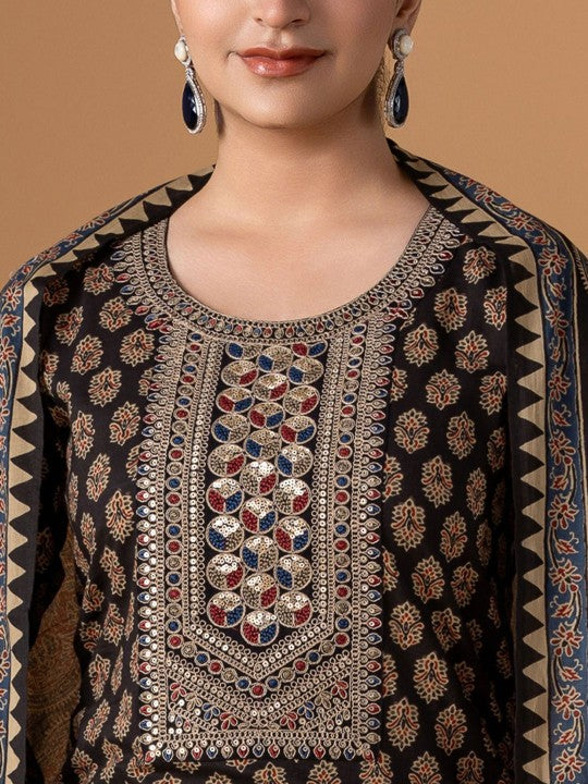 WOMEN PLUS Floral Printed Sequinned Pure Cotton Kurta With Trousers & Dupatta