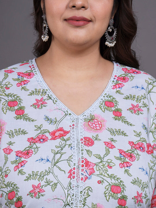 Tissu Plus Size Floral Printed Pure Cotton Straight Kurta With Palazzos & Dupatta