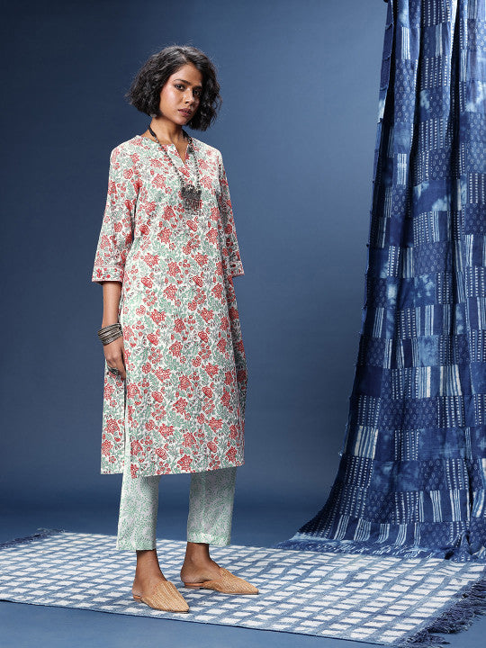 Taavi Floral Printed Pure Cotton Block Print Legacy Kurta with Trousers & Dupatta