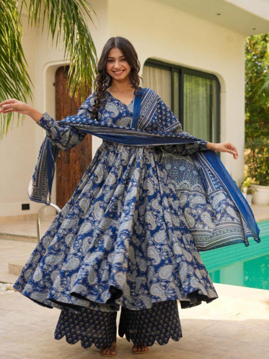 Idaho Clothing Dewy Paisley Printed Pure Cotton Anarkali Kurta With Palazzo & Dupatta