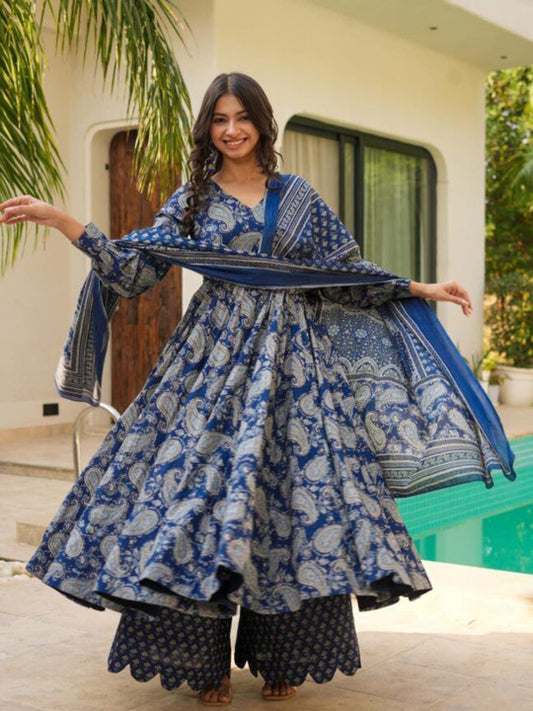 Idaho Clothing Dewy Paisley Printed Pure Cotton Anarkali Kurta With Palazzo & Dupatta