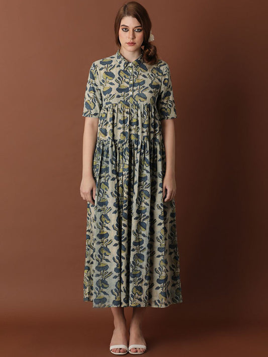 BLACK & BLAH BLAH Ajrak Handblock Printed Relaxed Fit Cotton Flared Maxi Ethnic Dress