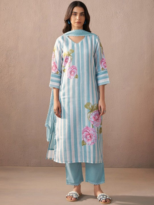 Indo Era Floral Printed V-Neck Linen Kurta with Trousers & Dupatta