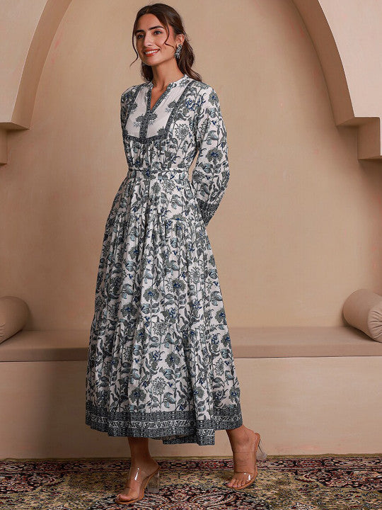 GULAB CHAND TRENDS Floral Printed Mandarin Collar Cotton A-Line Ethnic Dresses