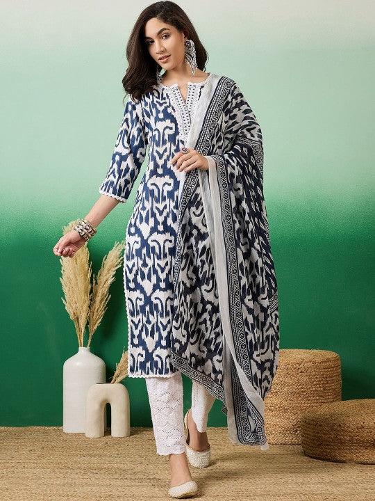Printed Pure Cotton Straight Kurta With Trousers & Dupatta