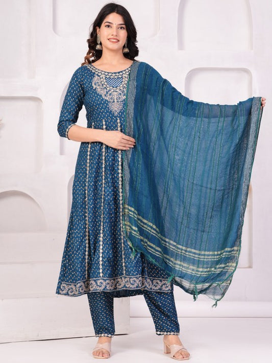 TOULIN Ethnic Motifs Printed Panelled Thread Work Kurta With Trousers & Dupatta