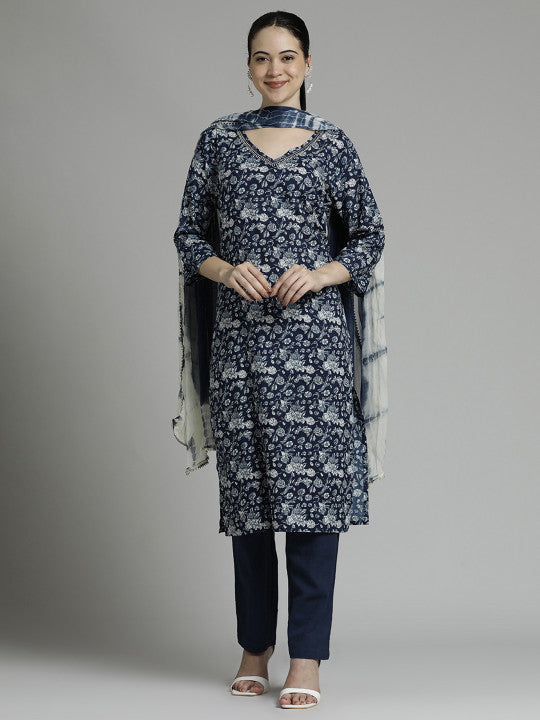 Jaipur Kurti Floral Printed Kurta Set With Tie-Dye Dupatta