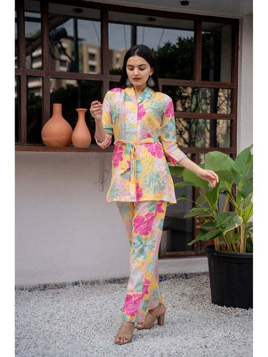 Yellow Muslin Silk Printed Co-ord (Set of 2)