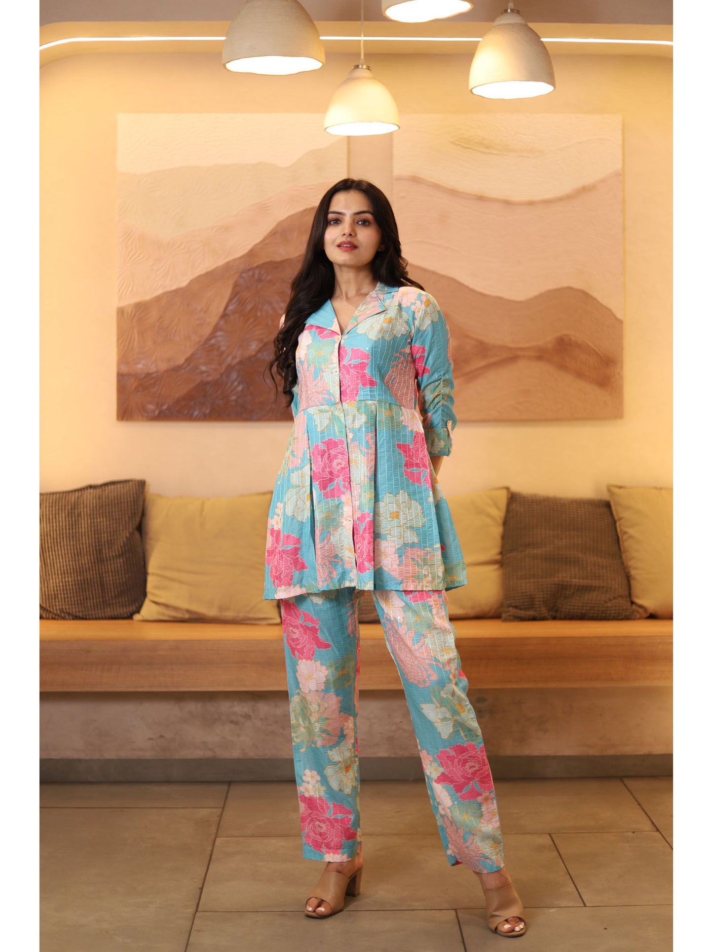 Blue Muslin Silk Printed Co-ord (Set of 2)