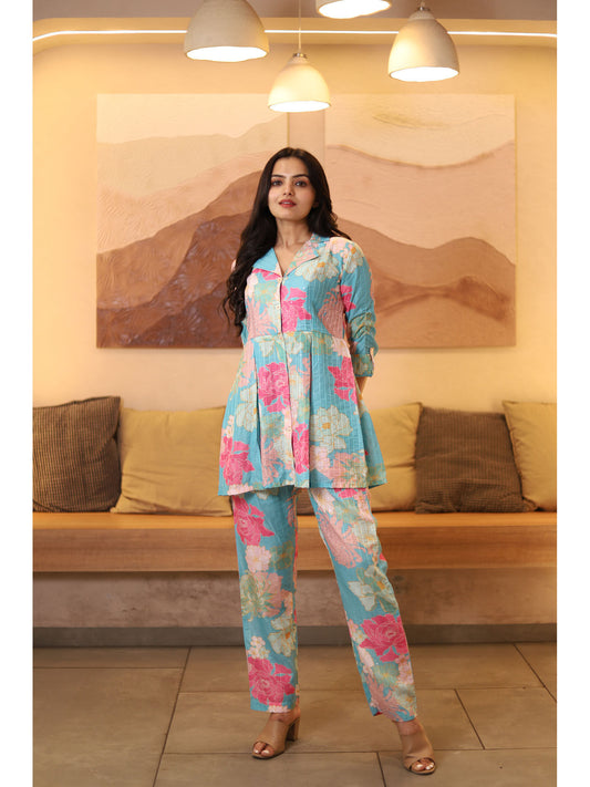 Blue Muslin Silk Printed Co-ord (Set of 2)