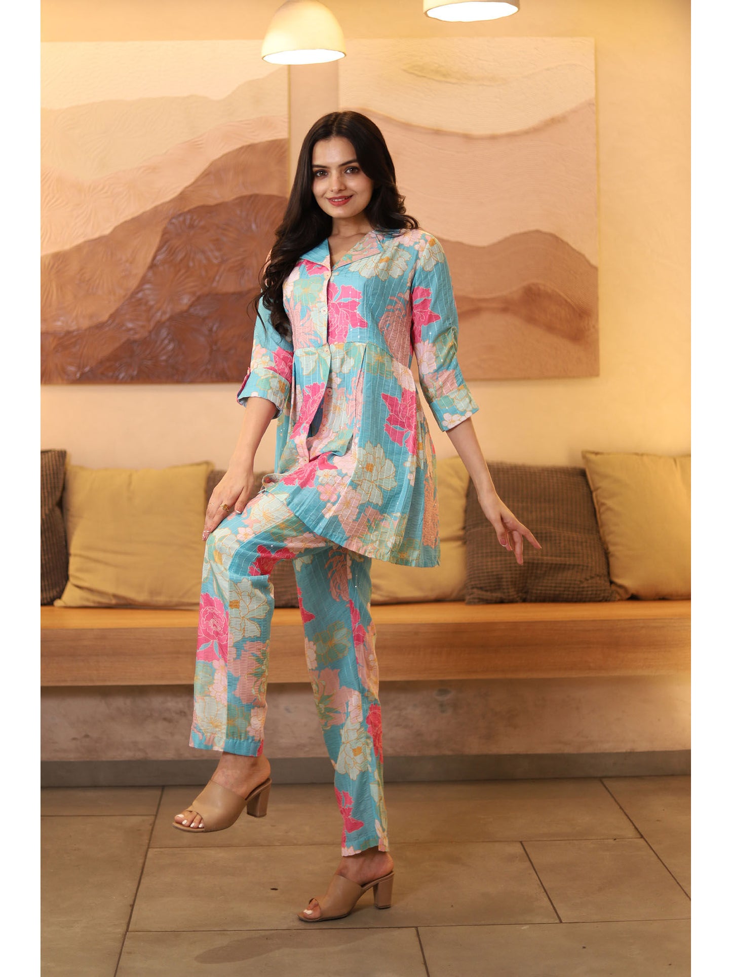 Blue Muslin Silk Printed Co-ord (Set of 2)