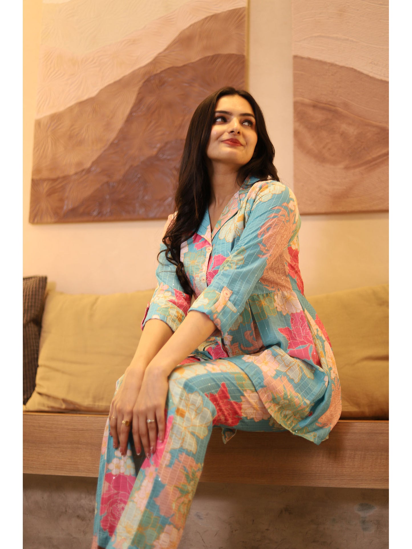 Blue Muslin Silk Printed Co-ord (Set of 2)