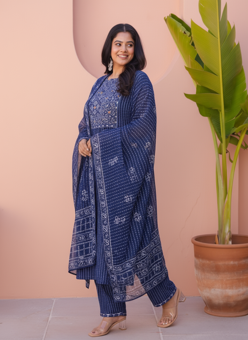 Viscose Geometric Straight Indigo blue Kurta