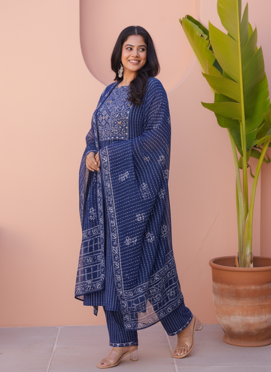 Viscose Geometric Straight Indigo blue Kurta