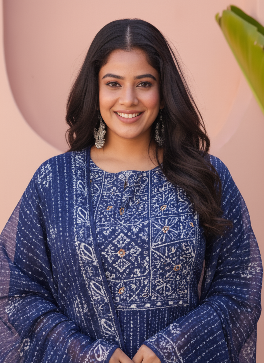 Viscose Geometric Straight Indigo blue Kurta