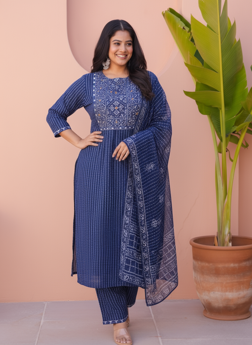 Viscose Geometric Straight Indigo blue Kurta