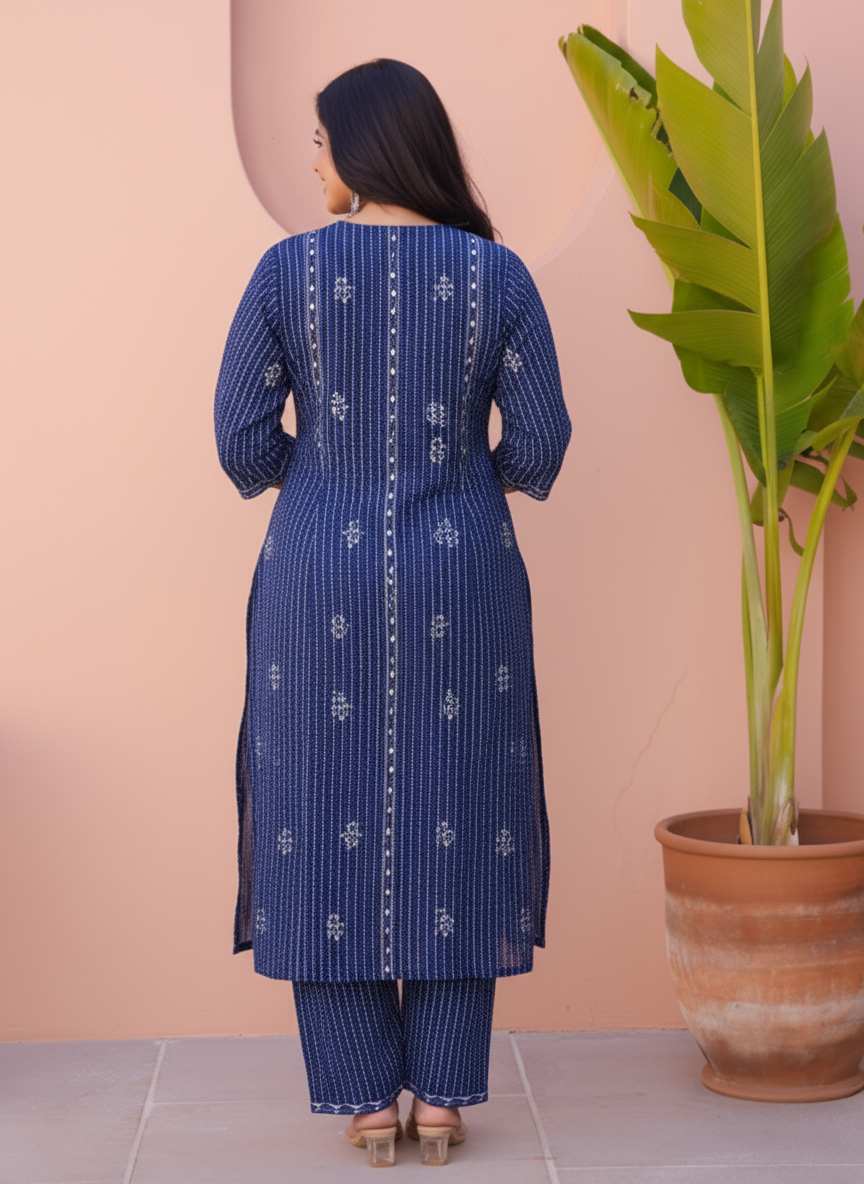 Viscose Geometric Straight Indigo blue Kurta