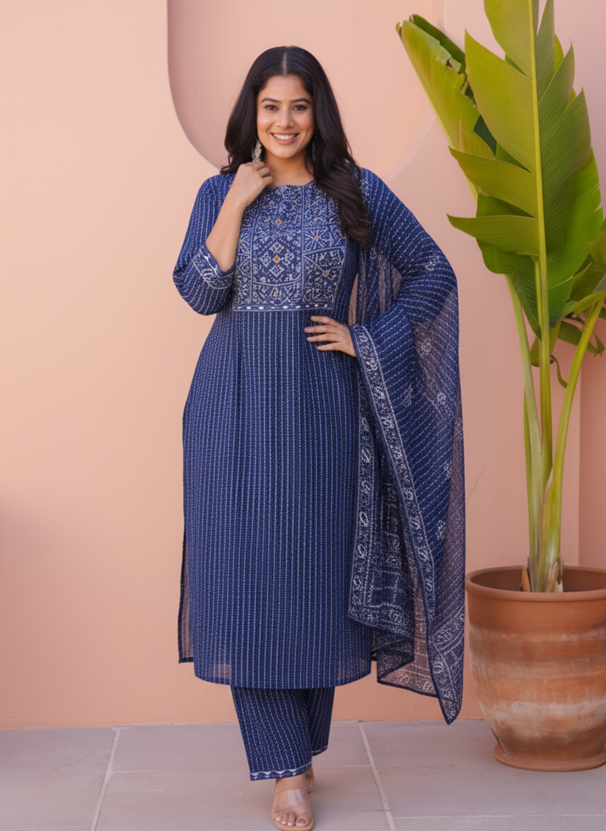 Viscose Geometric Straight Indigo blue Kurta